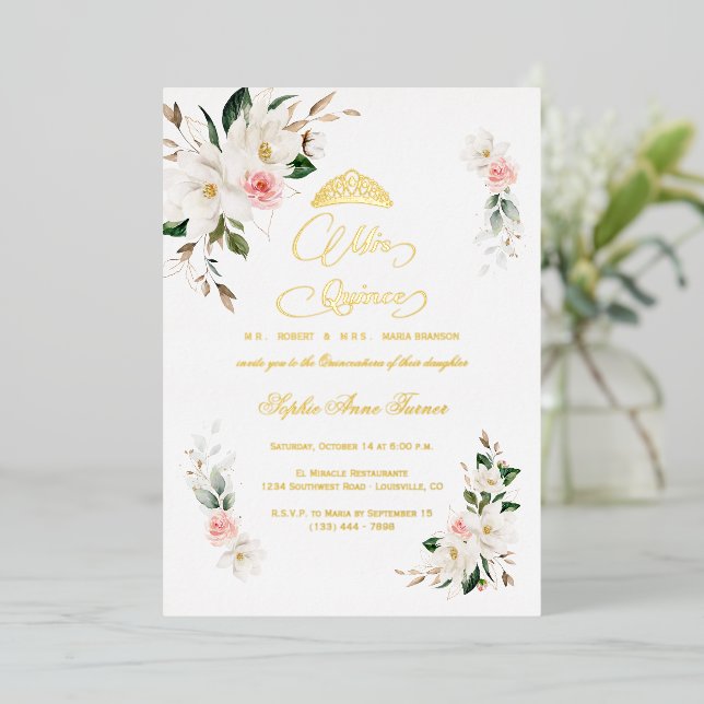 Invitation En Aluminium Blanc Magnolia rose Floral VRAI FOIL Quinceañera (Debout devant)
