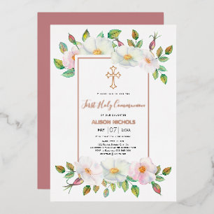 Invitation En Aluminium Blanc sauvage rose floral fille Premier Saint rose