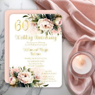 Invitation En Aluminium BLANCHE Pink Peonies 60e fête d'anniversaire du M