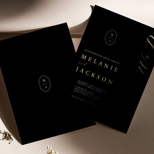 Invitation En Aluminium Blason de monogramme personnalisé noir et or minim