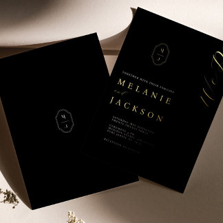 Invitation En Aluminium Blason de monogramme personnalisé noir et or minim