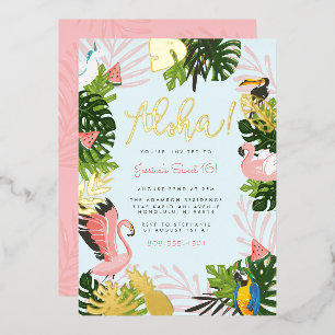 Invitation En Aluminium Bleu Aloha Hawaii Tropical Gold Fête d'anniversa
