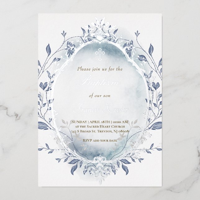 Invitation En Aluminium bleu aquarelle argent cadre hiver Baptême (Recto)