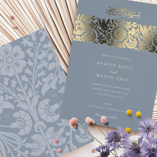 Invitation En Aluminium Bleu Ardoise Or Né Islamique Mariage Floral Orné