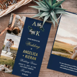 Invitation En Aluminium Bleu Blanc Floral Monogrammes Photos Mariage Gold