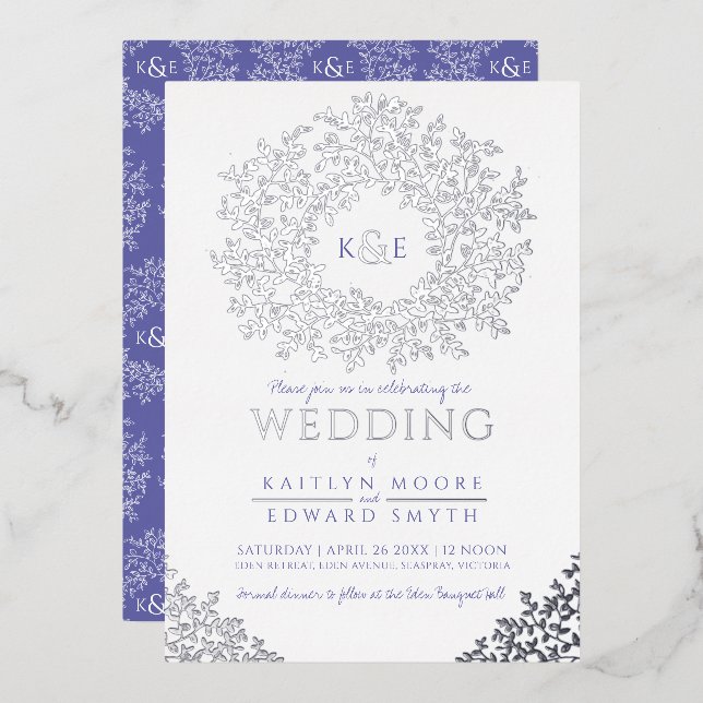 Invitation En Aluminium Bleu blanc mariage couronne feuille argent (Recto/Verso)