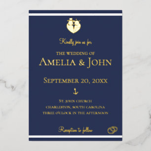 Invitation En Aluminium Bleu bleu marine Ancre Mariage or