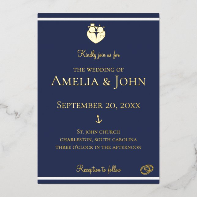 Invitation En Aluminium Bleu bleu marine Ancre Mariage or (Recto)