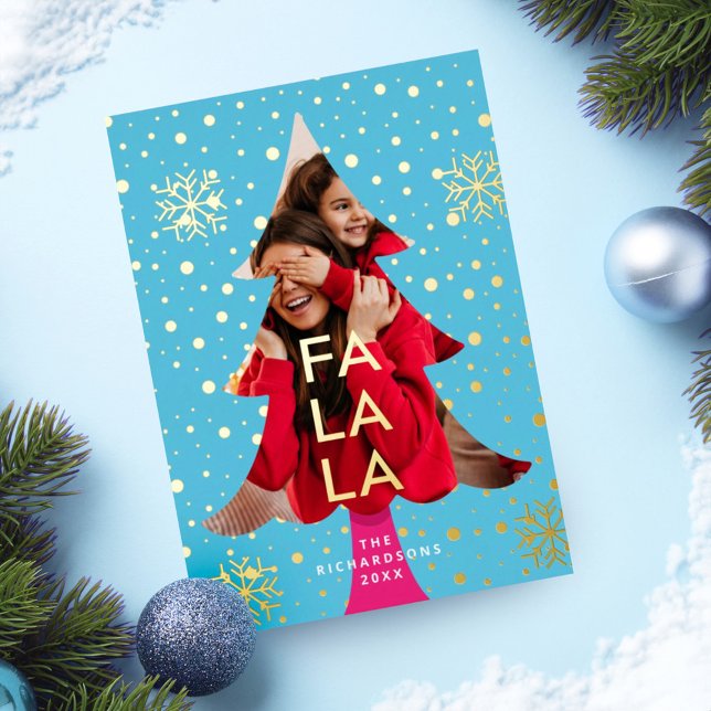 Invitation En Aluminium Bleu brillant Neon Fa La Christmas Photo Bleu (Colourful Bright Neon Fa La Christmas Photo Blue Foil Invitation)