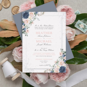 Invitation En Aluminium Bleu clair bleu clair rose floral Mariage argent