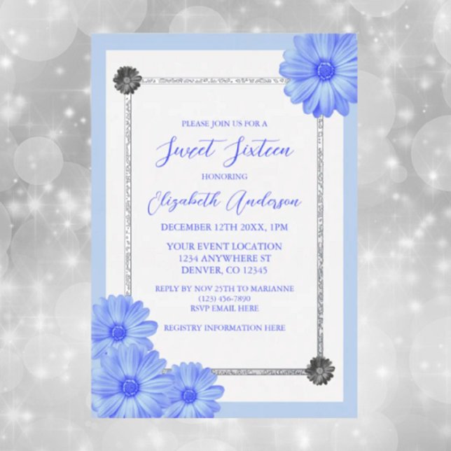 Invitation En Aluminium Bleu clair Floral Élégant Sweet sixteen (Créateur téléchargé)
