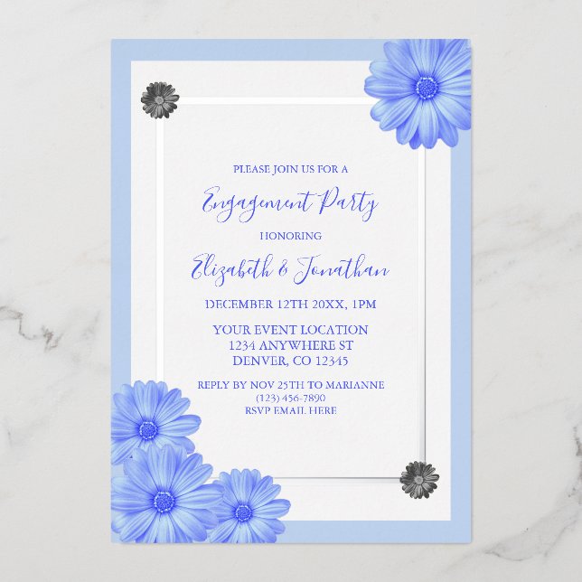 Invitation En Aluminium Bleu clair Floral Élégante Partie d'engagement (Recto)