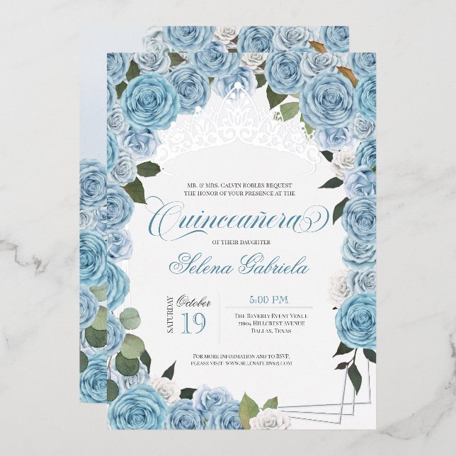 Invitation En Aluminium Bleu clair Rose Princesse Quinceanera Tiara Real (Recto/Verso)