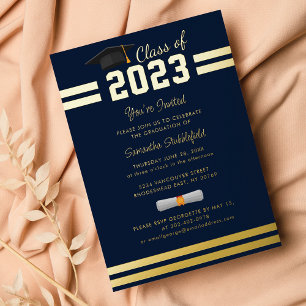 Invitation En Aluminium Bleu de la Marine 2024 Parti de Graduation Gold
