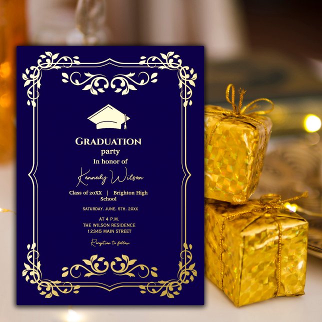 Invitation En Aluminium Bleu de marine avec cadre orné d'or Graduation (Elegant navy blue and gold graduation design with an ornate frame. #navyblue #goldframe #decorative)