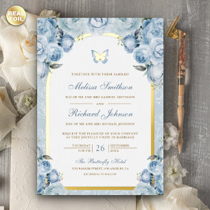 Invitation En Aluminium Bleu doux Arc Floral Papillon Mariage Or