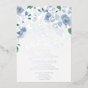 Invitation En Aluminium Bleu Dusté Floral Quinceanera Papillon Argent