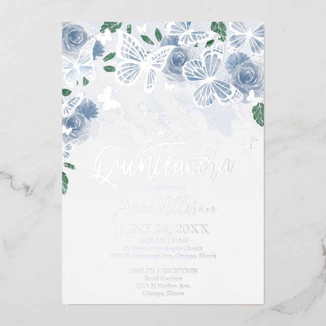 Invitation En Aluminium Bleu Dusté Floral Quinceanera Papillon Argent (Recto)