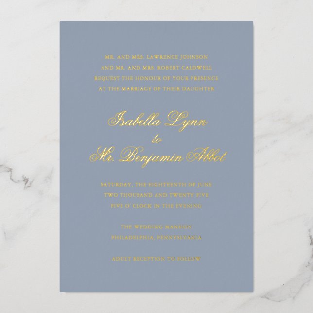 Invitation En Aluminium Bleu Dusty Traditionnel Mariage Élégant (Recto)