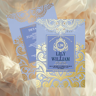 Invitation En Aluminium Bleu Elegant Artdeco Diamant Monogramme Mariage Or