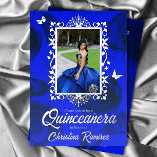 Invitation En Aluminium Bleu Élégant, Papillons argentés Quinceanera