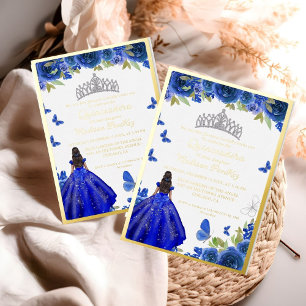 Invitation En Aluminium Bleu Élégant Royal Floral Papillon Quinceanera