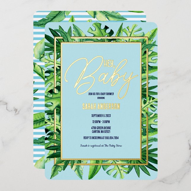 Invitation En Aluminium Bleu et vert Tropical Hey Baby shower (Recto/Verso)