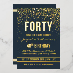 Invitation En Aluminium Bleu foncé Gold Confetti 40e fête d'anniversaire