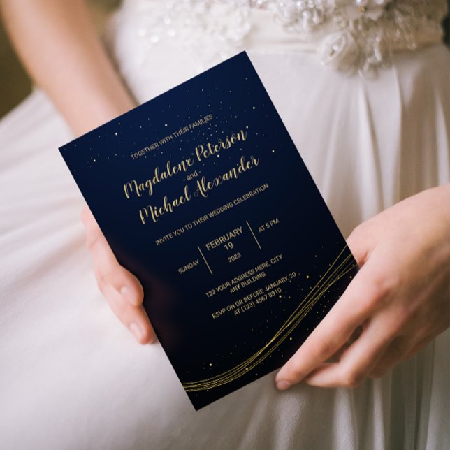 Invitation En Aluminium Bleu Foncé | Lignes d'or et Mariage de poussière (Créateur téléchargé)