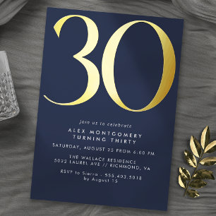Invitation En Aluminium Bleu foncé Marine et or   30e anniversaire moderne