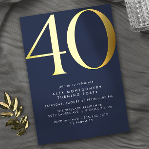 Invitation En Aluminium Bleu foncé Marine + Or   Cool Moderne 40e annivers