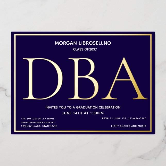 Invitation En Aluminium Bleu Gold DBA Graduation (Recto)
