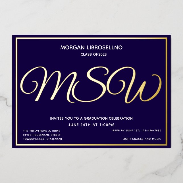 Invitation En Aluminium Bleu Gold MSW Graduation (Recto)