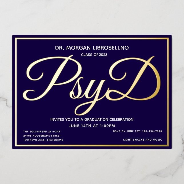 Invitation En Aluminium Bleu Gold PsyD Graduation (Recto)