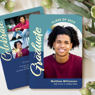 Invitation En Aluminium Bleu Graduation 4 Photo Bold Script Arch Real Gold
