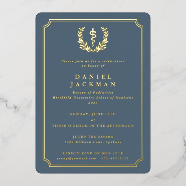 Invitation En Aluminium Bleu-gris Asclepius Médicale School Graduation (Recto)