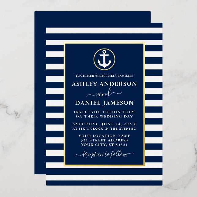 Invitation En Aluminium Bleu Mariage Ancre Nautique (Recto/Verso)