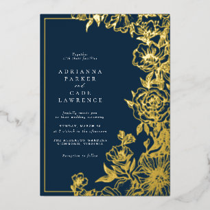 Invitation En Aluminium Bleu marine et floral doré Mariage classique