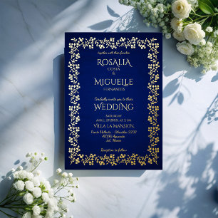 Invitation En Aluminium Bleu marine et or floral vintage élégant mariage