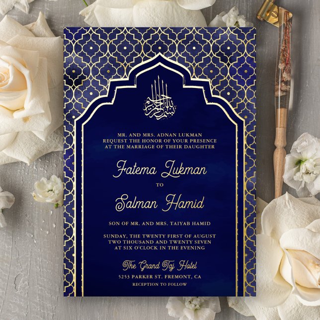 Invitation En Aluminium Bleu Marocain Arche Mariage Musulman Or (Créateur téléchargé)