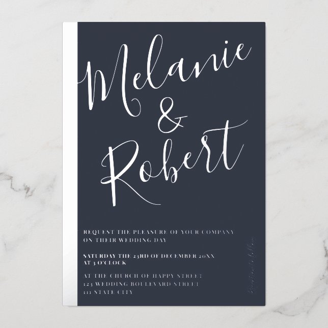 Invitation En Aluminium Bleu moderne mariage photo argenté (Recto)