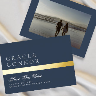 Invitation En Aluminium Bleu Nuit Blanc Rayure Photo Enregistrer La Date