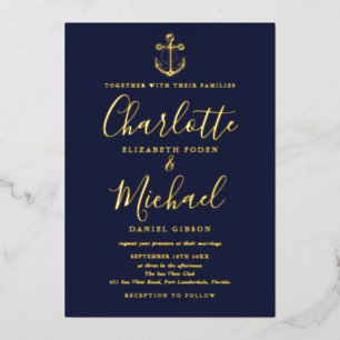 Invitation En Aluminium Bleu Nuit Chic Ancre Nautione Mariage Feuille d'Or