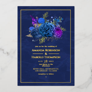 Invitation En Aluminium Bleu Nuit et Or Vintage Floral Foil de Mariage