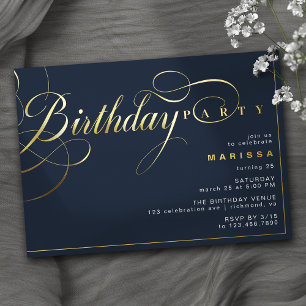 Invitation En Aluminium Bleu Nuit Foncé et Or Anniversaire Moderne Vinta