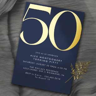 Invitation En Aluminium Bleu Nuit & Or Simple Moderne 50e Anniversaire