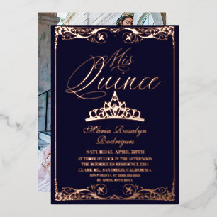 Invitation En Aluminium Bleu Nuit & Rose Gold Elégant Quinceanera  Photo 