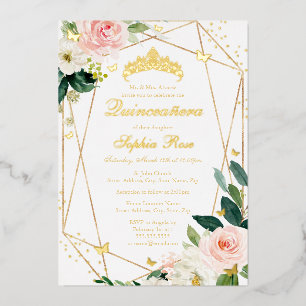 Invitation En Aluminium Bleu Or Floral Papillon Quinceanera