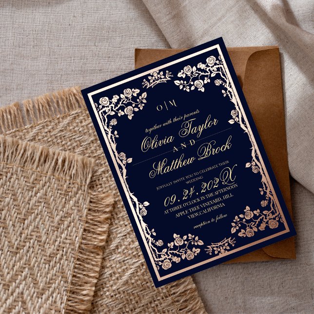 Invitation En Aluminium Bleu Or Ornate Botanique Le Mariage de (Créateur téléchargé)