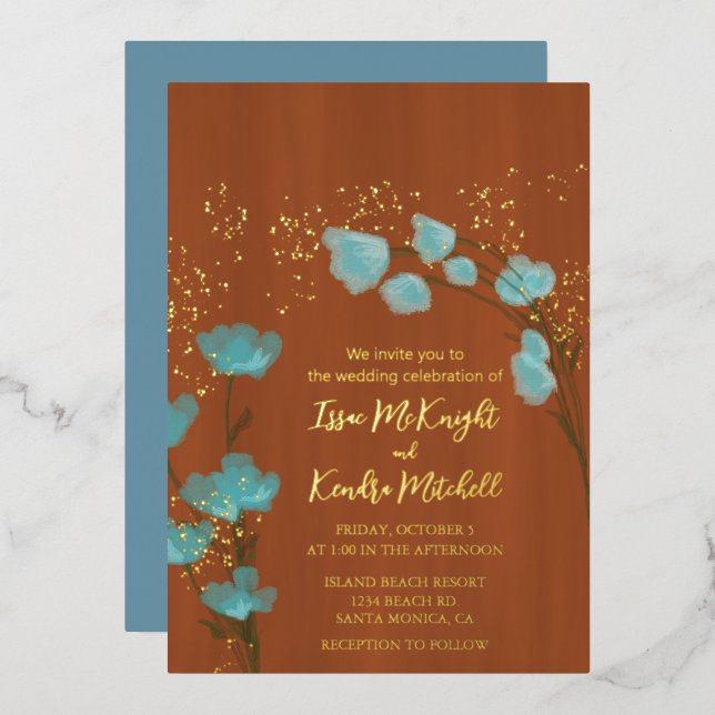 Invitation En Aluminium Bleu poussiéreux et orange brûlé Floral botanique (Recto/Verso)